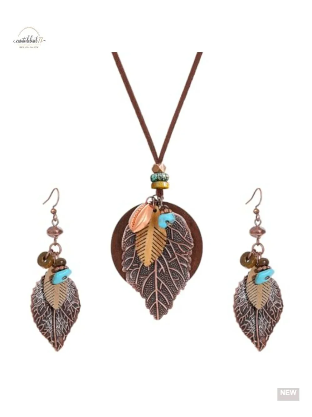 Boho Western Jewelry Set - Leaf Pendant Earrings & Necklace